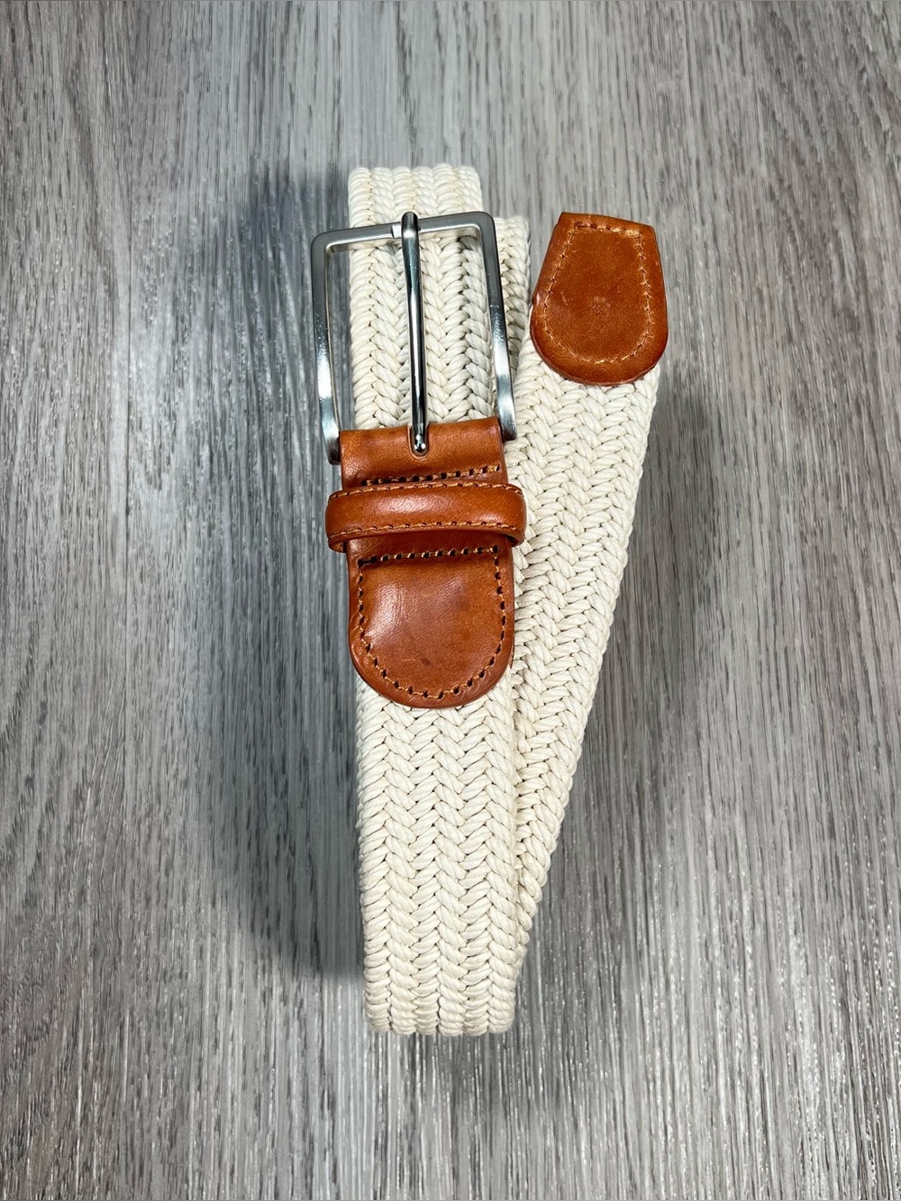 Peter Millar Crown Mens Waxed Braided Belt Size 42 Cream Italy Stretch Golf